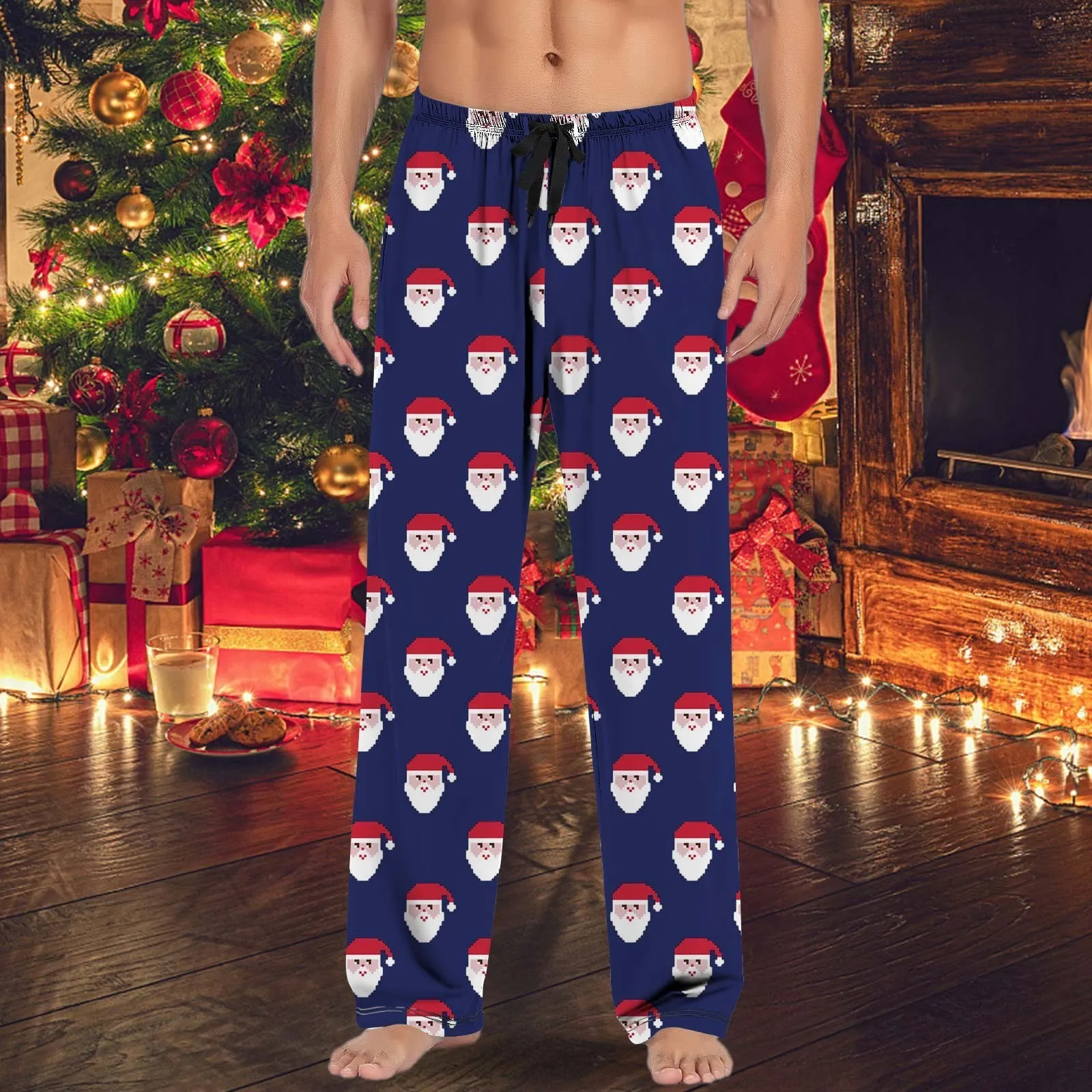 Christmas Slim Fit Mens Pajama Pants With Baseball Drawstring Bag