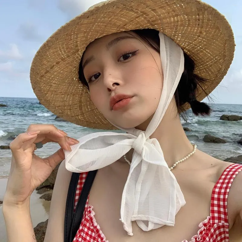 Breda brimhattar Dolphin Women Summer French Raffia Straw Hat Hexagon Chiffon Ribbon Cap Temperament Flat Hepburn Big Eaves Sunhat