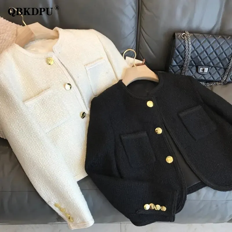 Wool Blends Projekt mody luksusowy Tweed Kurtka Kobiety Vintage Slim Button Długie rękaw Elegancki impreza zużycie koreańskiego płaszcza krótkiego 221122