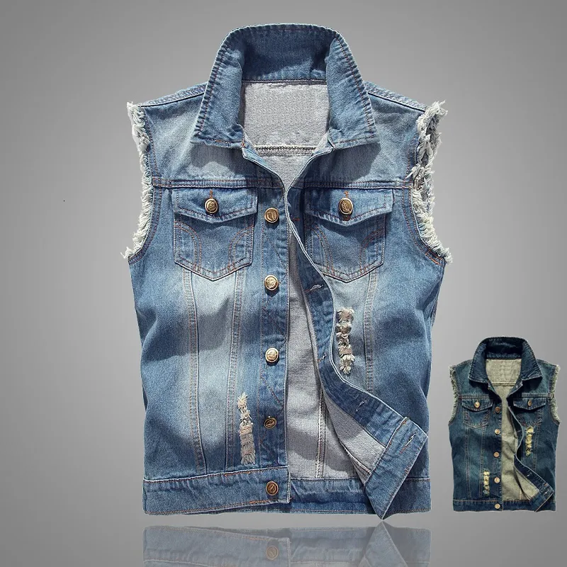 Männer Westen Denim Weste Zerrissene Jean Jacke Hip Hop Jeans Mäntel Weste Männer Cowboy Marke Ärmellose Männliche Tank Plus Größe 6XL 221122