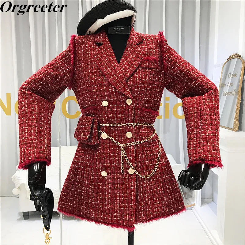 Damen-Anzugsmantel aus Wollmischungen mit Goldfäden, kariert, für Damen, zweireihig, mit Feder- und Quastenbesatz, schmale Tweed-Jacke mit gratis Gürteltasche 221122