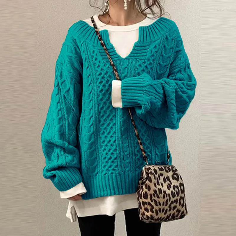 Kvinders V-Hals Strikket Jumper 2024 Hullet Patchwork Blonde Casual Pullover Sweater