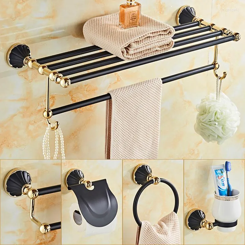 Set di accessori per il bagno BlackGold Hardware per il bagno Portarotolo Barra per asciugamani Ganci per accappatoio Porta scopino Ripiani Accessori