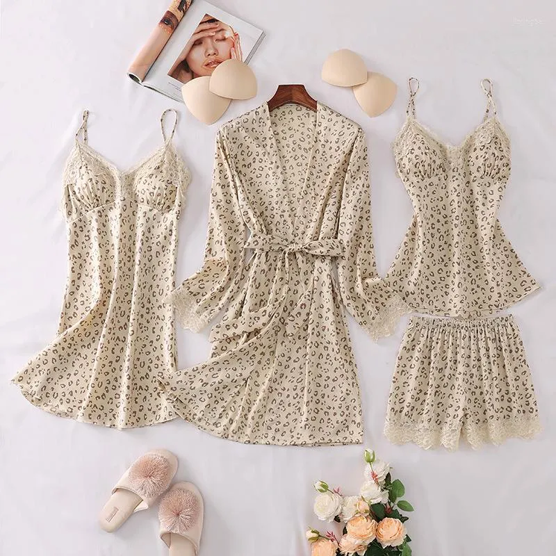 Home Abbigliamento Leopard Sleepwear Satin Women 4PCS Pigiama Set Robe 2022 Sexy Nightwear Kimono Accappatoio Abito da salotto allentato con pizzo