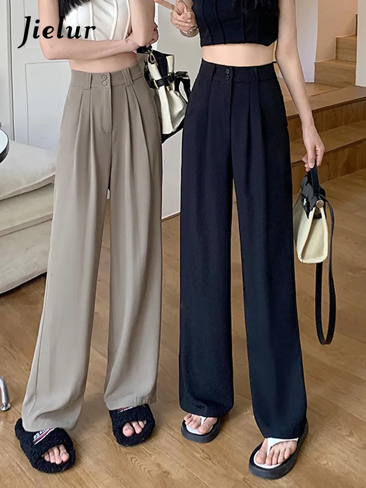 Frauenhose Capris Jielur Büro Anzug Frauen Anzug Frauen hohe Taille Lose schwarze Khaki -Hosen Frau Basic Korean Chic Wide Leg Frau 221122