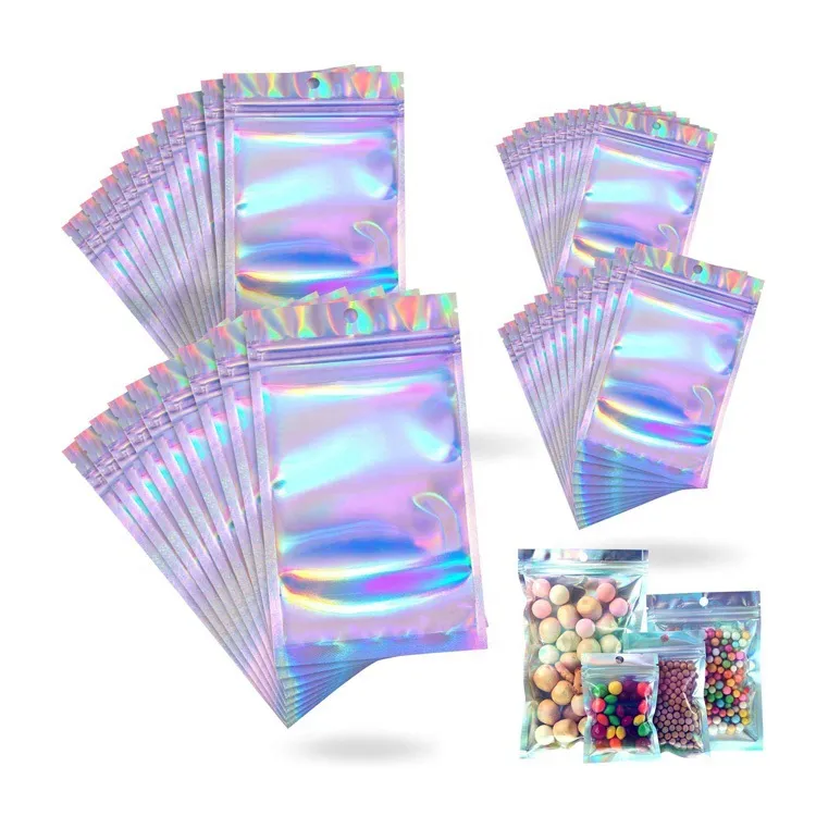Sacs en Mylar anti-odeur, sacs d'odeur refermables, pochette d'emballage holographique avec fenêtre transparente pour aliments YSJY22