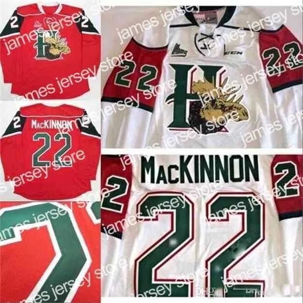 L'hockey universitario indossa la maglia da hockey Nik1 Halifax Mooseheads # 22 NATHAN MacKINNON Personalizza la maglia da hockey con ricamo bianco rosso 100%