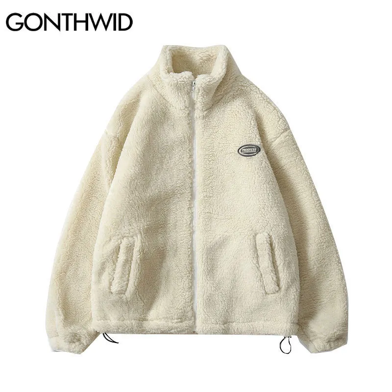 Men's Jackets Hip Hop Winter Fleece Fluffy Jacket Streetwear Harajuku Fuzzy Zipper Coat Men Autumn Solid Color Lightweight Black Beige 221122