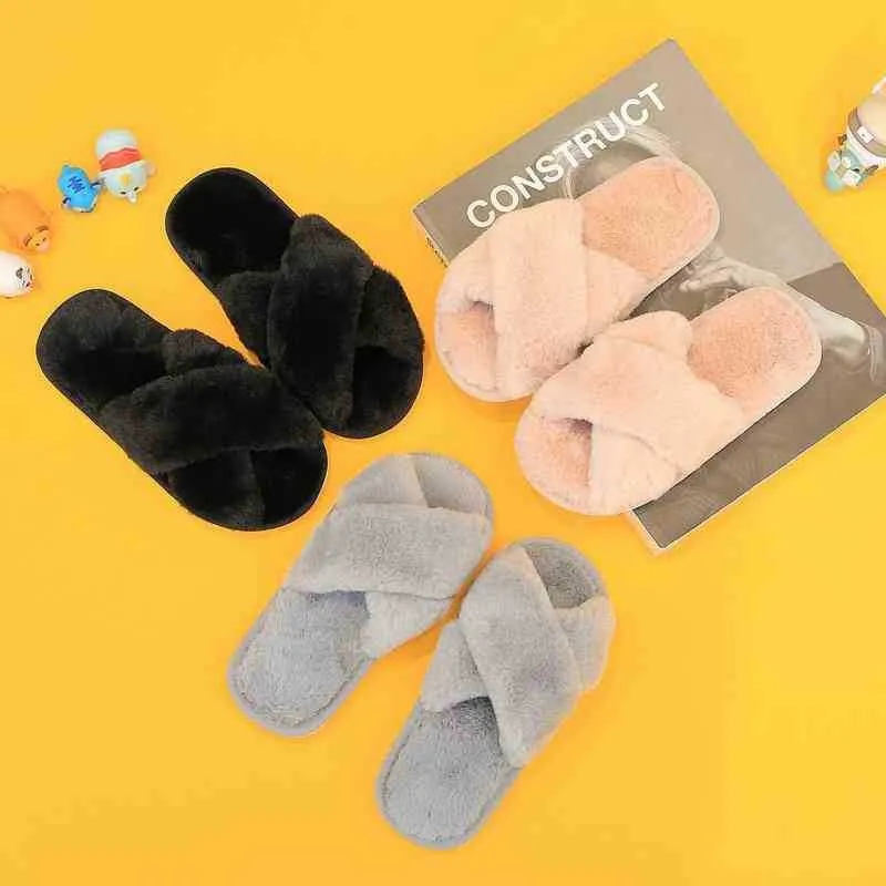 Slippers Plush Shoes Slides J220716 Winter New Solid Indoor Children Fur Lightweight Antislip Home Kids Boys Girls Cross Band Fluffy