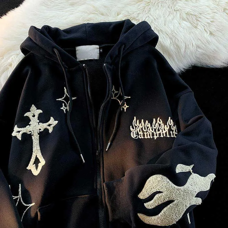 Men's Y2K Skull Embroidered Hoodie - Casual Loose Zipper Jacket, Gradient Color, Spandex, Stand Collar, Spring & Autumn Streetwear Men's Y2K Skull Embroidered Hoodie - Casual Loose Zipper Jacket, Gradient Color, Spandex, Stand Collar, Spring & Autumn Streetwear