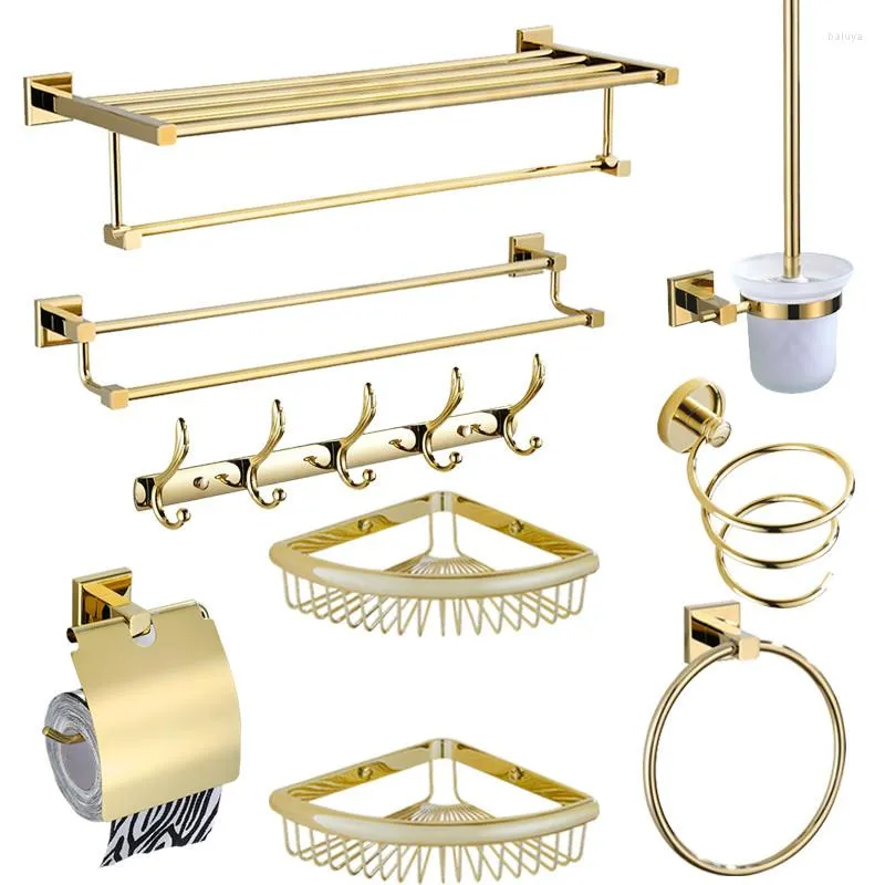 Badzubehör-Set, Hardware aus massivem Messing, Handtuchhalter, Bar, Eckregal, Papierhalter, Toilettenbürste, Reihenhaken, Nagel, gestanzt, goldfarben