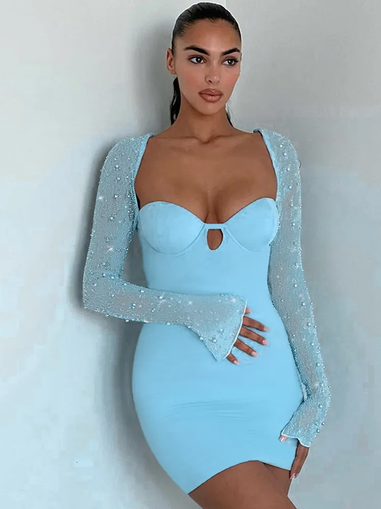 Casual Dresses Avrilyaan Push Up Halter Sexy Dot Beading Women Long Sleeve Bodycon Mini Autumn Elegant Party Vestido 221121