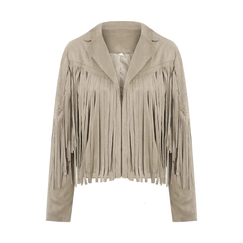 Womens Jackets Imcute Vintage Lapel Long Sleeve Fringe Cropped Hippie Motor Biker Cardigan Outwears Faux Suede Tassel Jacket 221122