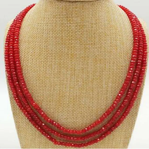2x4mm naturlig röd rubin ädelsten fasetterade Abacus pärlor 3 radhalsband