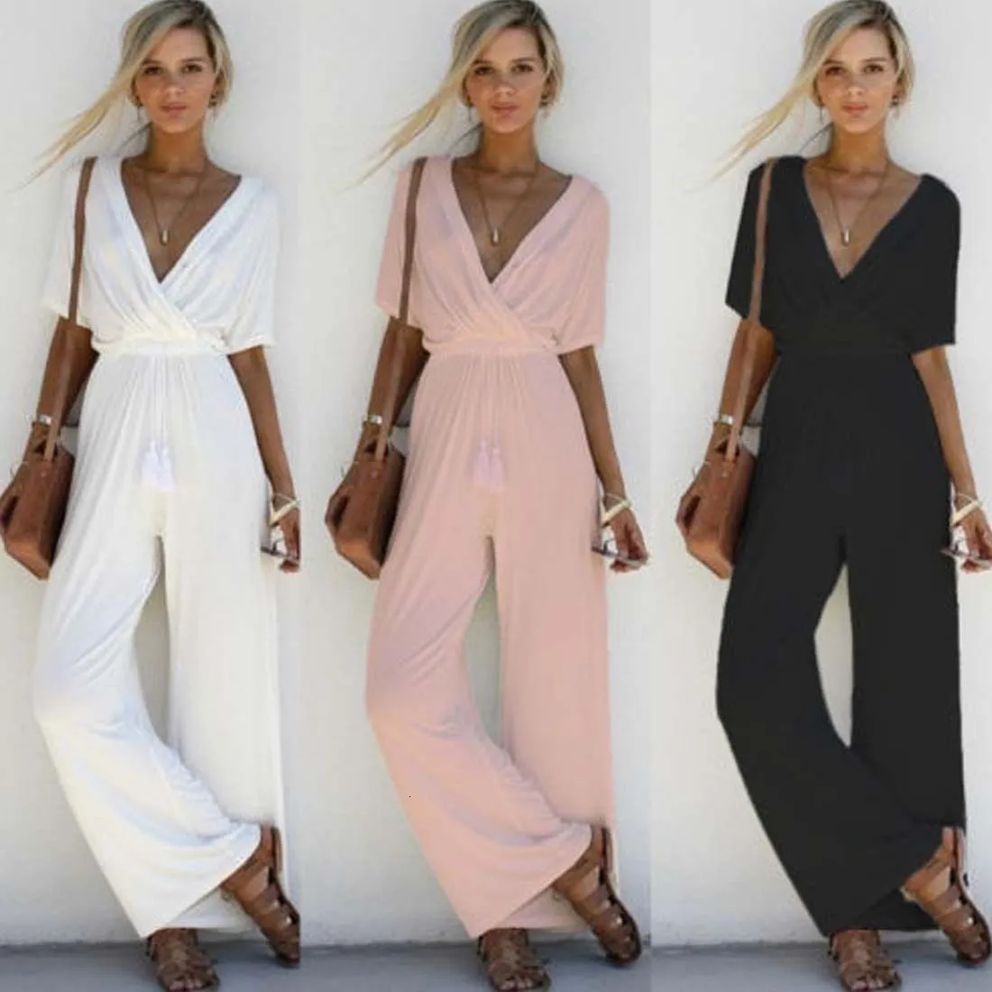 Kvinnors jumpsuits Rompers Summer Loose Casual Solid Fashion Trousers Romper Women Sexig Deep V-ringning Kort ärm BodyCon 221122