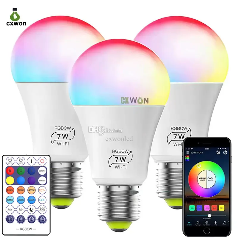 Smart Light Bulbs Remote 7W E27 800LM LED Color Changing Lights Bulb WiFi Bluetooth 5.0 Warm to Cool White Dimmable RGB Home Lighting Work with Alexa