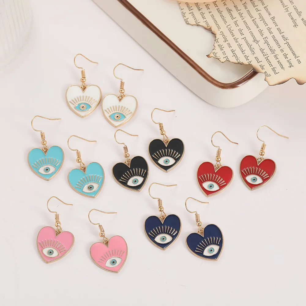 Coloré émail coeur mauvais œil breloques boucles d'oreilles dégoulinant d'huile turquie chanceux balancent boucles d'oreilles personnalité en gros Hotselling