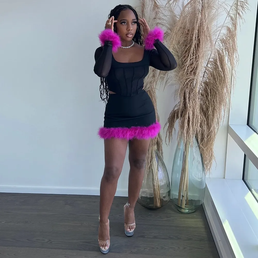 Feather mini skirt and top set hotsell