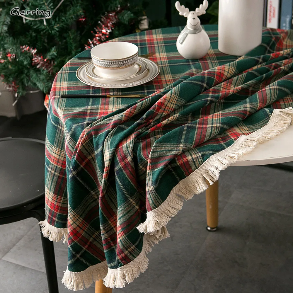 Table Cloth Gerring Christmas Coffee Cover Yarn Dyed Plaid Holiday Wedding Deco cloth American Round Tassel For Party 221122