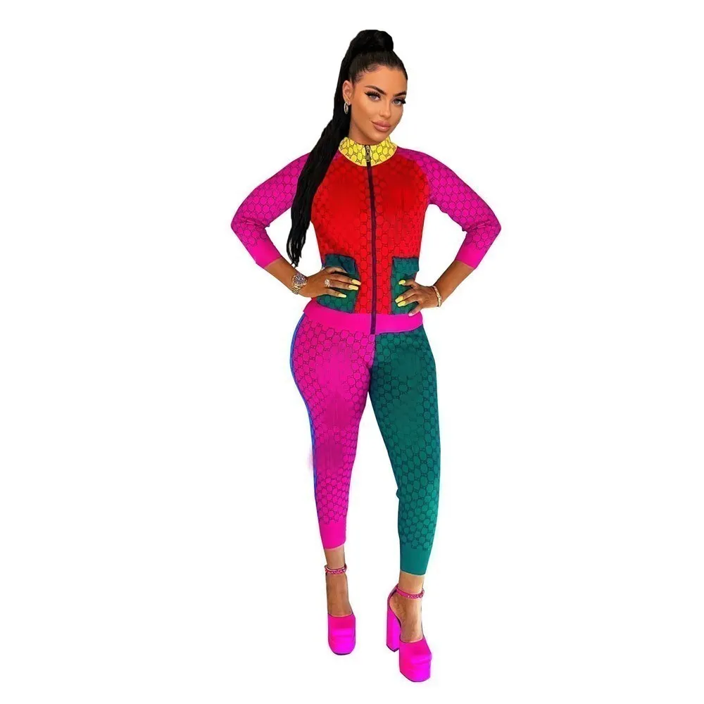 2024 Designer Women Tracksuits Brand Jogging Suit panelled 2 piece sets print jacket pants Long Sleeve Outfit stand collar pockets Sweatsuits casual Clothes 9020-8