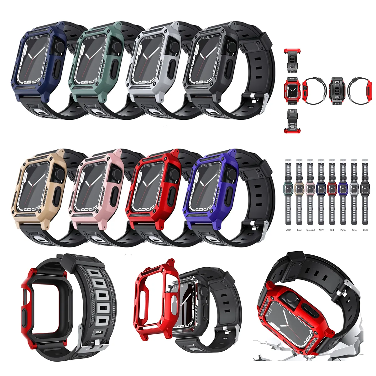 Full Body Straps Case Anti-fall Protective Cover PC Hard with Silicone Strap for Apple Watch Band Size 40 41 44 45mm fit iWatch 5 6 7 8 Strap Bracelet Sport WatchBand