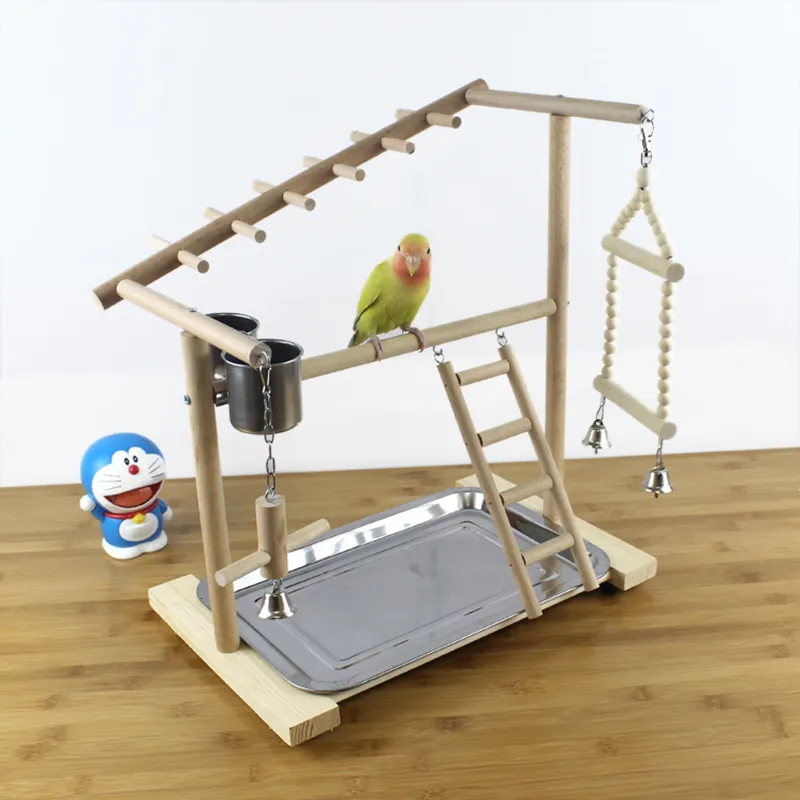 Other Pet Supplies Wooden Bird Perch Stand With Feeder Cups Parrot Platform Playground Exercise Gym Playstand Ladder Interactive Toys F3002 221122