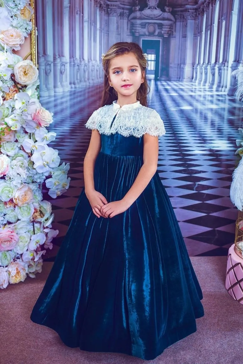 Royal Blue Princess Flower Girl -jurken vegen trein hoge nek witte kanten kristallen kralen veet gilrs optocht kleine kinderen eerste communie jurk donkere rood 403