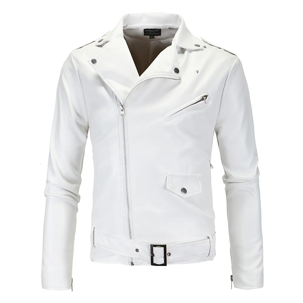 Men's Leather Faux Slim White Jackets Oblique Zipper Motorcycle Outwear Moto Biker PU Coats Size 4XL 221122