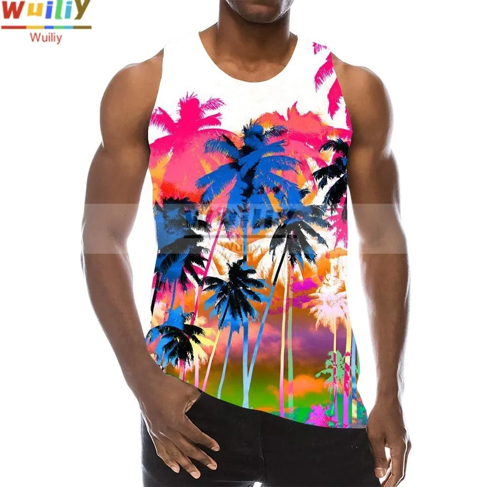 Mens Tank Tops Summer Beach Vacation Sleeveless Shirts Casual Palm
