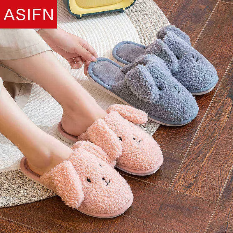 Asifn Winter New Cartoon Women Slippers Plush Cute Ears Rabbit Women Fur Slippers Warm Indoor Faux Fur Flat Ladies Cotton Shoes J220716