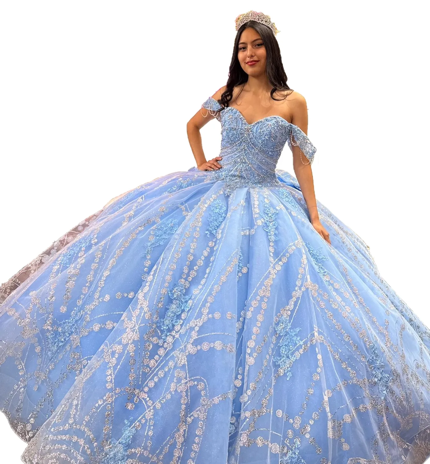 Lichte hemelsblauwe bloemen Quinceanera-jurken 2023 BOUG plus maat baljurk maskerade maskerade prinses meisje glitter lange zoete 16 prom voor 15 jaar off-the-shoulder kweepeer 15 kralen