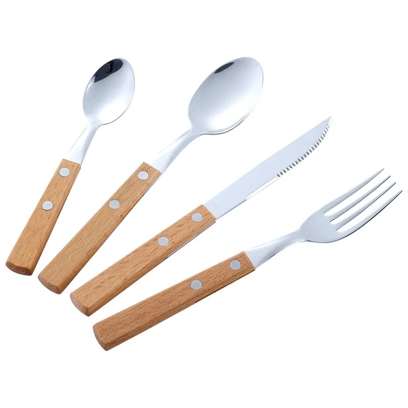 Wood Handle Cetlery Cnife Flatware 304 Stains Steel Tabledware أدوات المائدة اللذيذة شوكة ملعقة ملعقة صغيرة