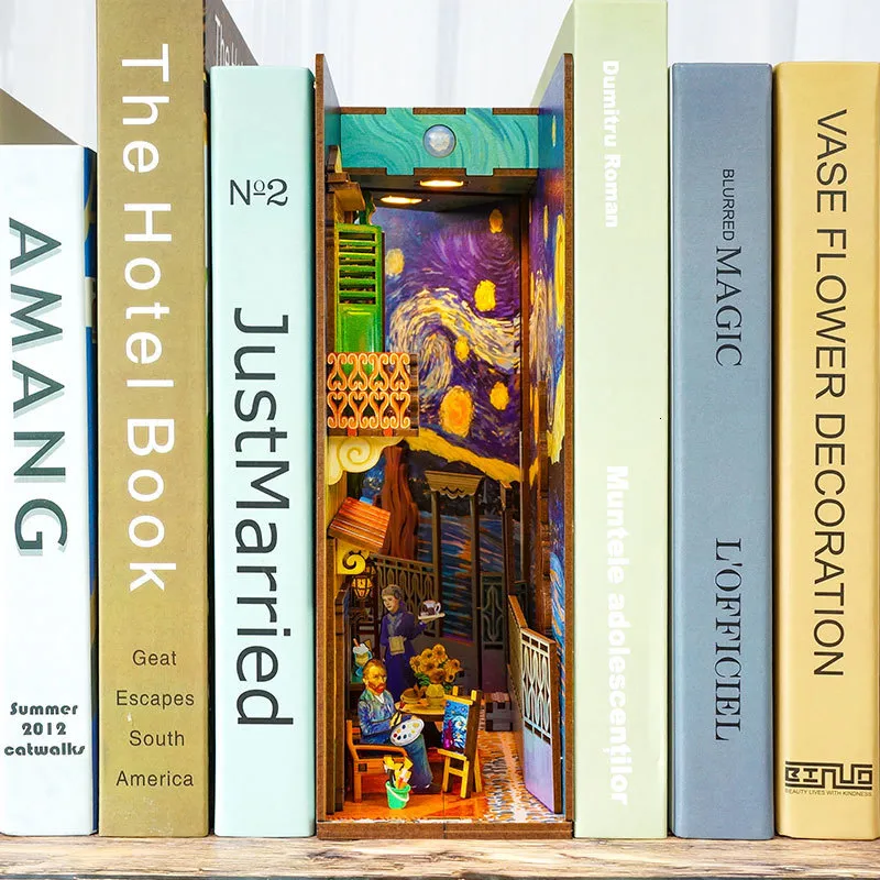 Puppenhaus-Zubehör, Bücherecke, DIY-Holz-Bücherregal-Sets aus Van Goghs Welt, Miniatur-Möbel, Bücherregal-Einsatz, Modell, Roombox, Gebäude, Spielzeug, Geschenke 221122