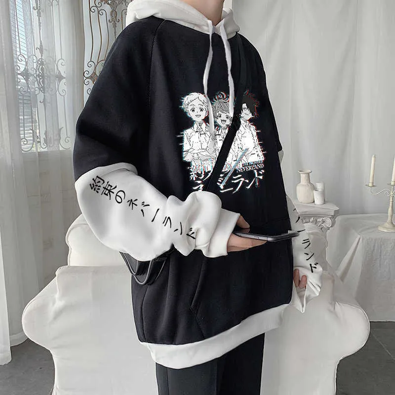 Hoodies Vaat Edilen Neverland Anime Erkekler Harajuku Emma Norman Ray Manga Street Giyim Büyük Boyü Kadınlar Patchwork Kış Sweatshirts Y2211