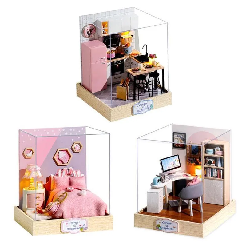 Doll House Accessories Cartoon Diy Miniature House trämöbler Kit Model Kids Girl Montessori Toys For Children Christmas Gifts 221122