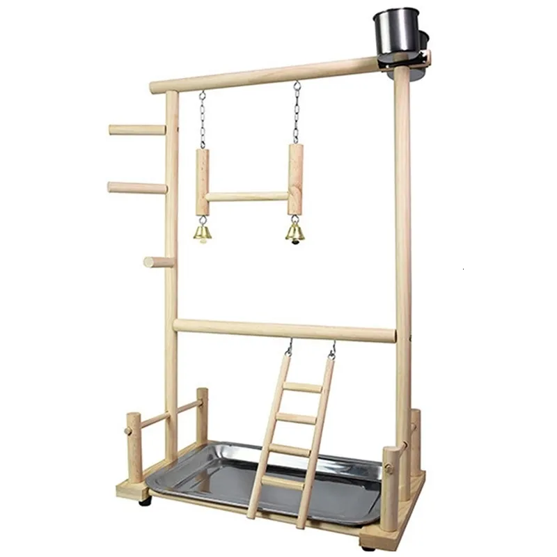 Autres fournitures pour animaux de compagnie Perroquets Aire de jeux Perroquet en bois naturel Perch Gym Play Stand Échelles de perruche avec tasses d'alimentation et jouets Exercice Play 221122