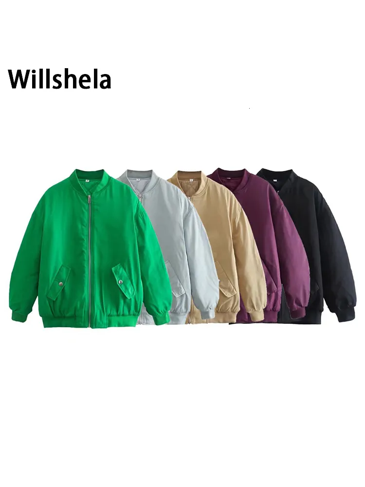 Womens Jackets Willshela Women Fashion Oversized Bomber Coat With Pockets Front Zipper Vintage ONeck Long Sleeves Female Chic Outwears 221122