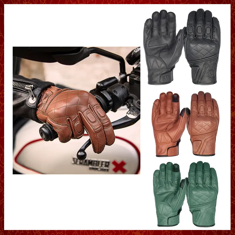 ST294 Gants de moto en cuir véritable peau de chèvre rétro doigt complet écran tactile Protection des articulations gant de course équipement de moto de Motocross