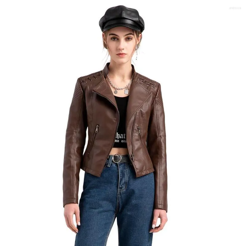 Couro feminino moda casaco feminino fino fino outono curto multicolorido feminino roupas de motocicleta gola PU falso