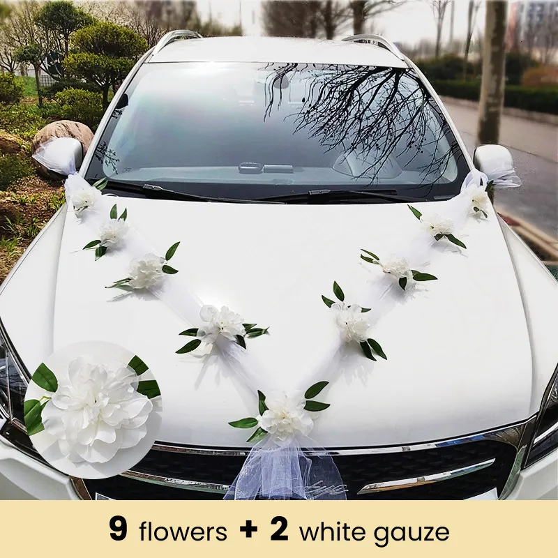 Flores decorativas Wreaths Diy White Wedding Car Decoration Door da porta de noiva Diy Handeld Ribbons Silk Corner Galand com presentes de tule Conjunto 221122