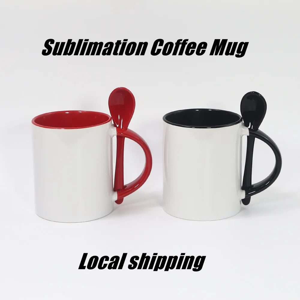 Yerel depo süblimasyon kahve kupası kaşık termal transfer 11 oz seramik içme fincanları A02