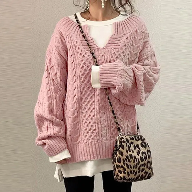 Kvinders V-Hals Strikket Jumper 2024 Hullet Patchwork Blonde Casual Pullover Sweater