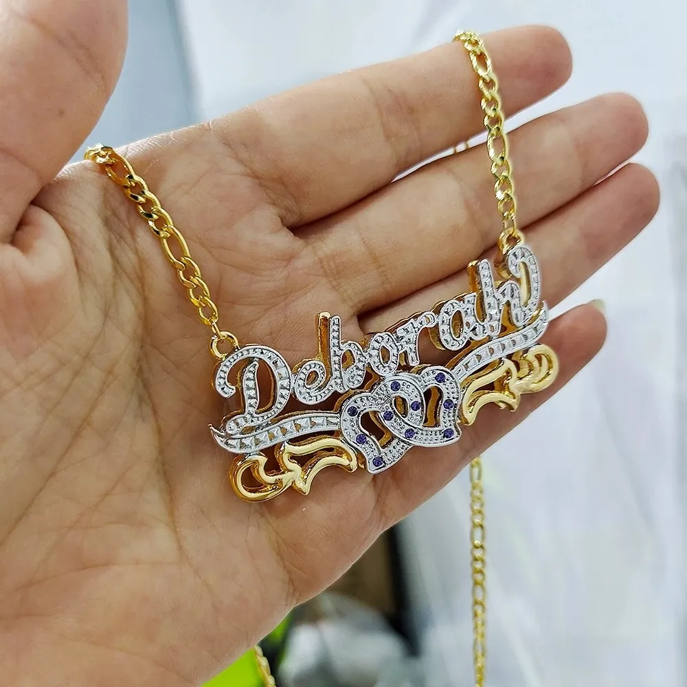Pendant Necklaces Dascusto Personalized Nameplate Name Necklace Custom 3D 18KGold Plated Double Diamond Choker Two Tone Chain For Women 221121