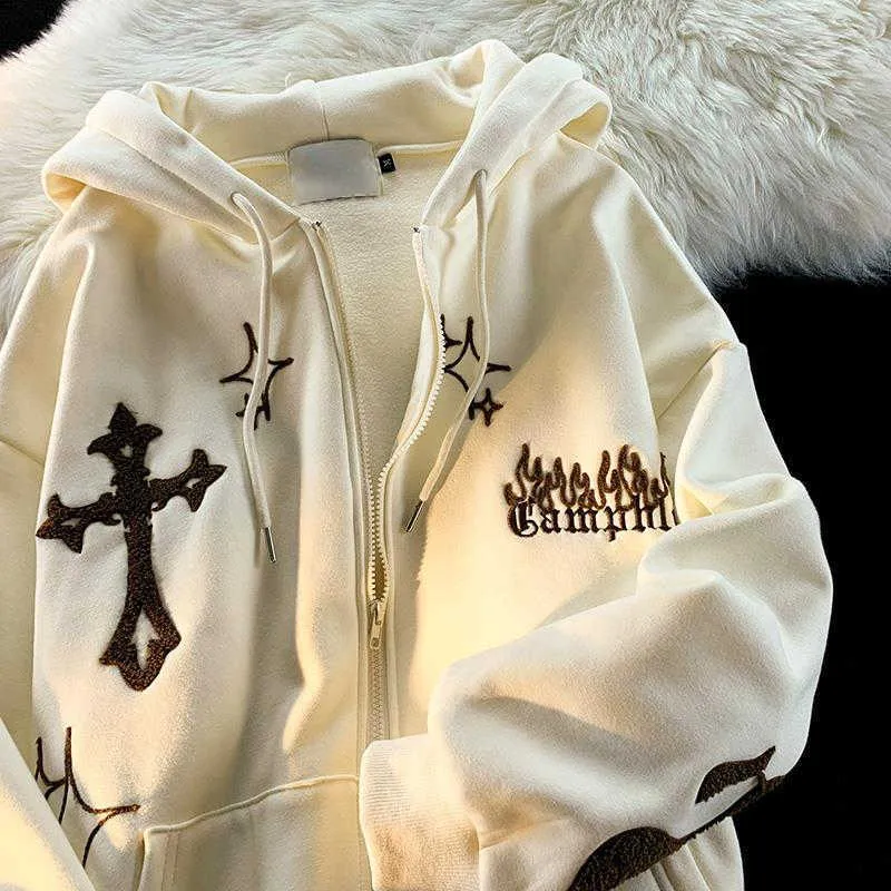 Толстовки Y2K с вышивкой крестом женские винтажные свободные повседневные куртки на молнии мужские хип-хоп толстовки в стиле Харадзюку в стиле панк уличная одежда Y2211