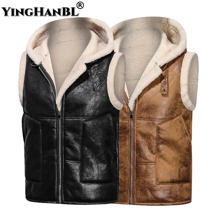 Herrenwesten Hohe Qualität Herbst Winter Männer Leder Weste Jacke Fleece Verdicken Retro Wildleder Pelz Warme Samt Baumwolle Zip Hoodies Motorrad Mantel 221122