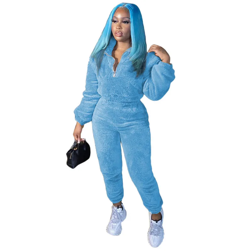 Kvinnors två bitar byxor Teddy Velvet Set Women Thick Tracksuits Zipper Stäng ner kragen långärmad tröjor Crop Top Jogging Suits 221123