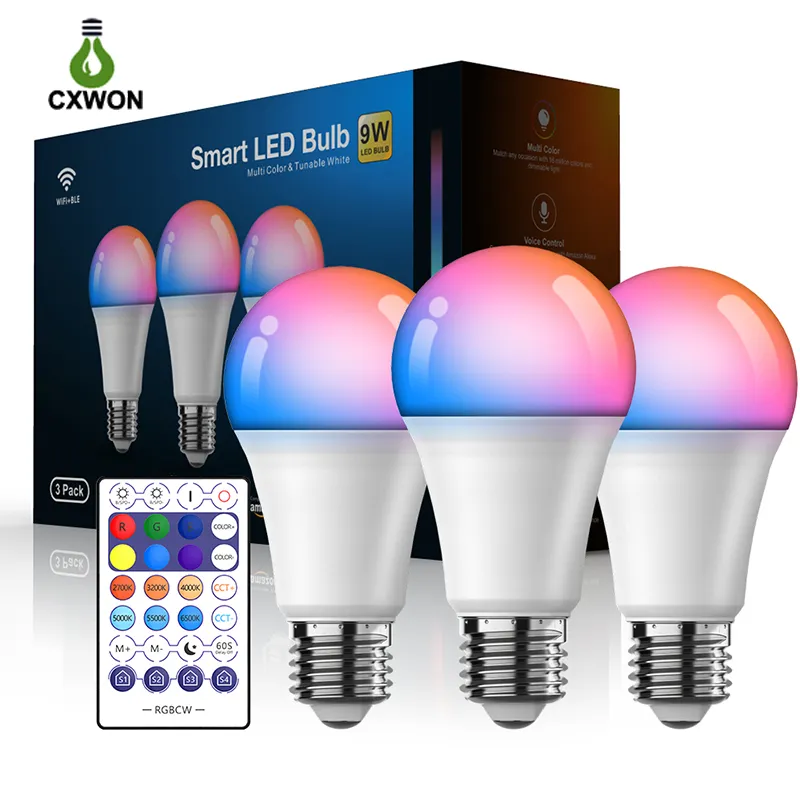 Smarta glödlampor gruppkontroll E27 B22 800LM färgskiftande RGBCW LED-lampa fungerar med Alexa Google Home