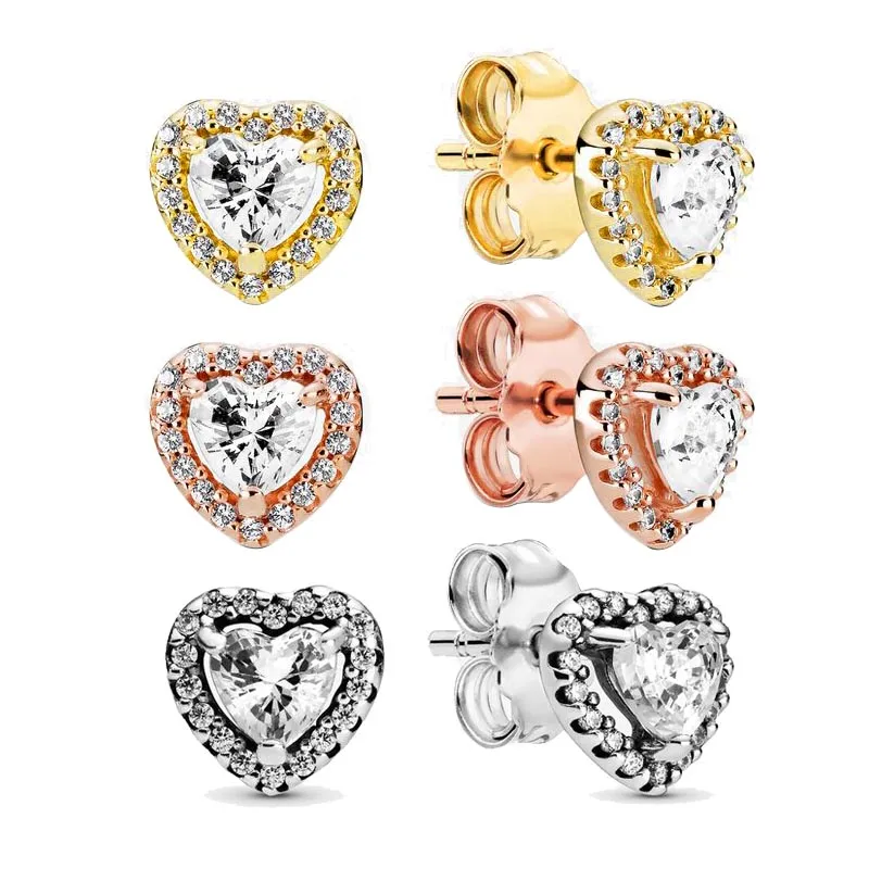 Set di orecchini a bottone con cuore rialzato placcato oro giallo con scatola originale per gioielli da sposa in vero argento sterling Pandora Orecchini in oro rosa con diamanti CZ per donne ragazze
