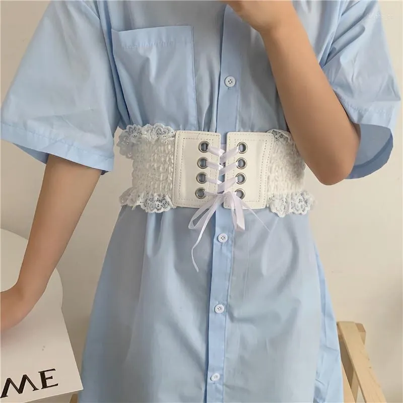 Belts Fashion Wide Metal Hook Stretchy Cummerbunds Dress Wedding Lace Elastic Waist Belt Waistband Satin Bow Brown For Women