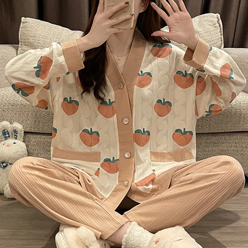Ropa De Dormir Para Mujer, Conjunto Kawaii Dulce De Manga Larga